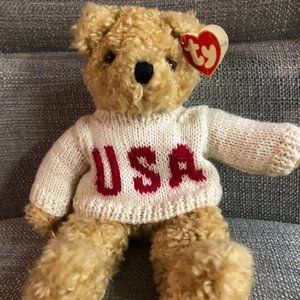Ty Beanie Baby "Baby Curly" Vintage Retired Plush Light Brown USA Sweater Bear